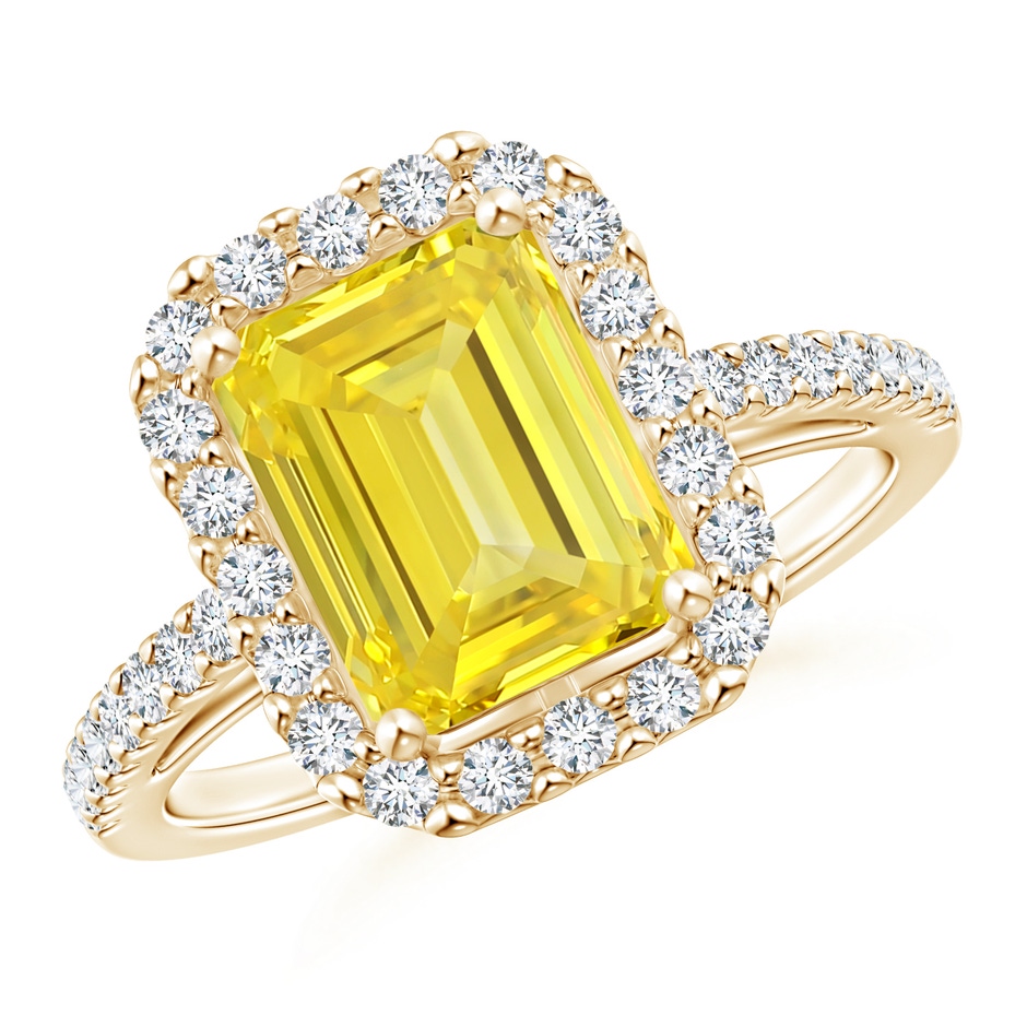 7x5mm Labgrown Emerald-Cut Lab-Grown Fancy Intense Yellow Diamond Halo Ring in Yellow Gold 