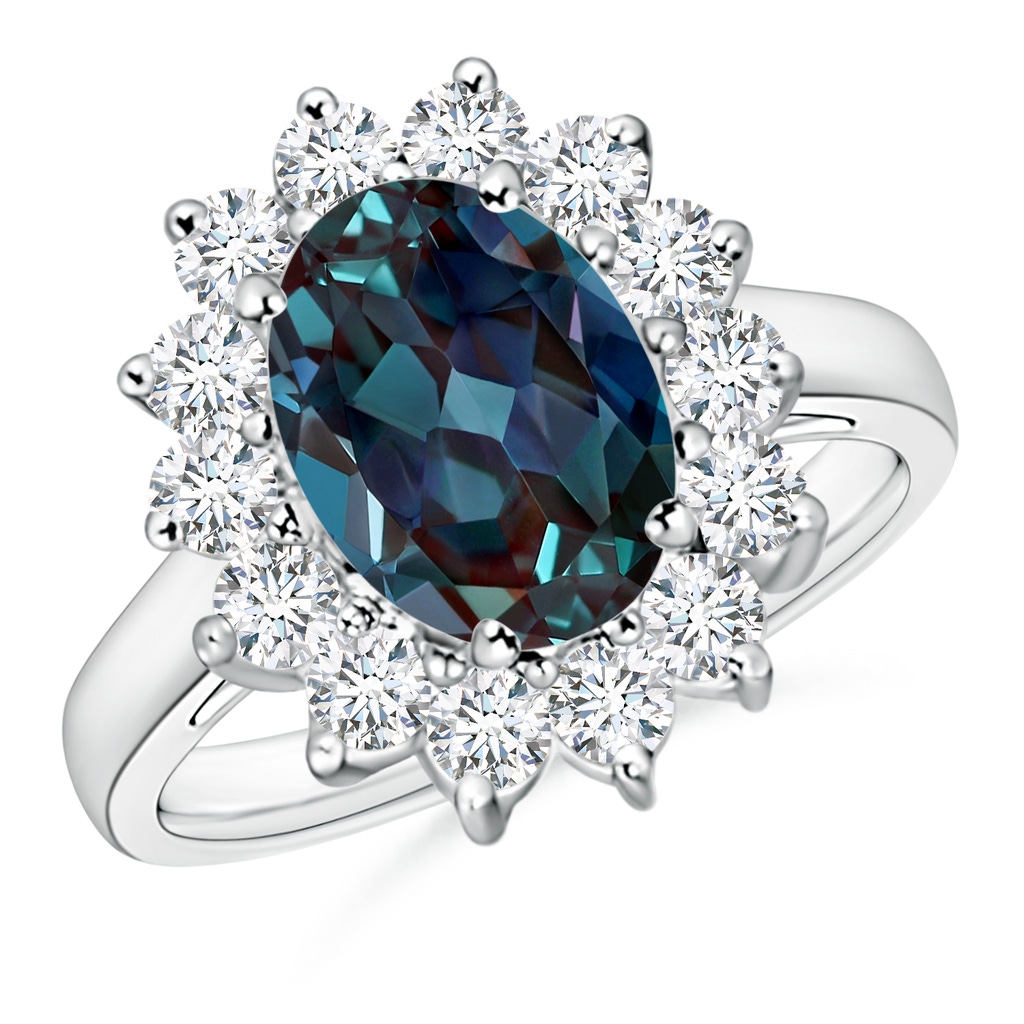 10x8mm Labgrown Princess Diana Inspired Lab-Grown Alexandrite Ring with Diamond Halo in P950 Platinum