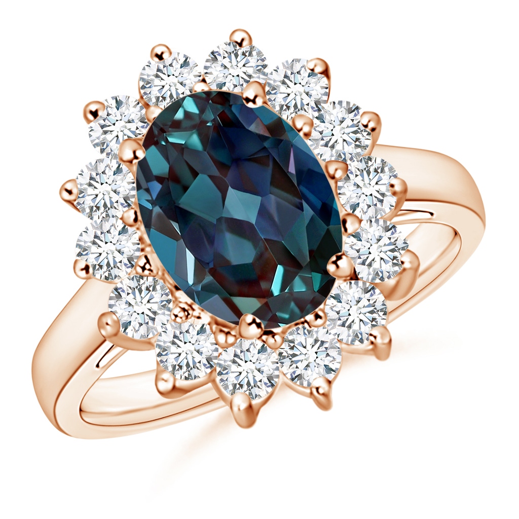 10x8mm Labgrown Princess Diana Inspired Lab-Grown Alexandrite Ring with Diamond Halo in Rose Gold