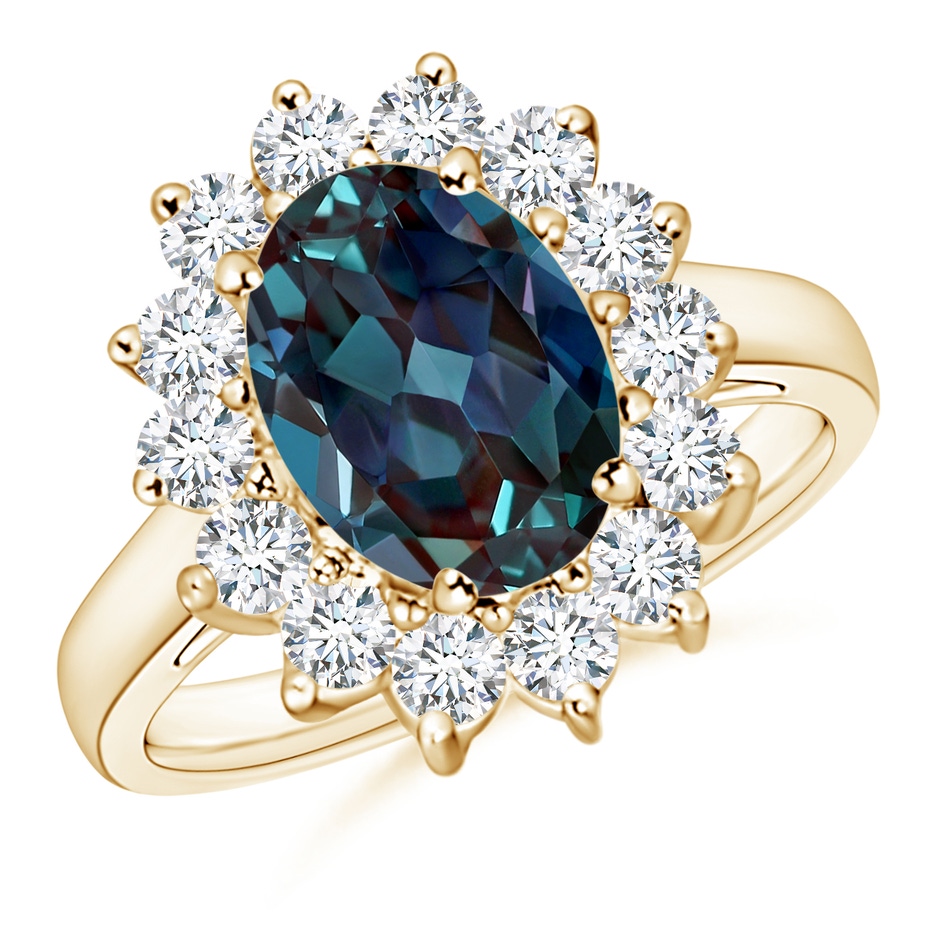 10x8mm Labgrown Princess Diana Inspired Lab-Grown Alexandrite Ring with Diamond Halo in Yellow Gold 