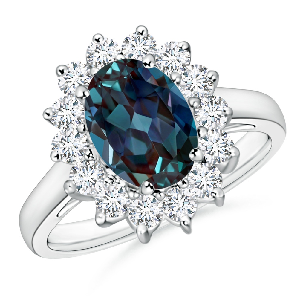 9x7mm Labgrown Princess Diana Inspired Lab-Grown Alexandrite Ring with Diamond Halo in White Gold