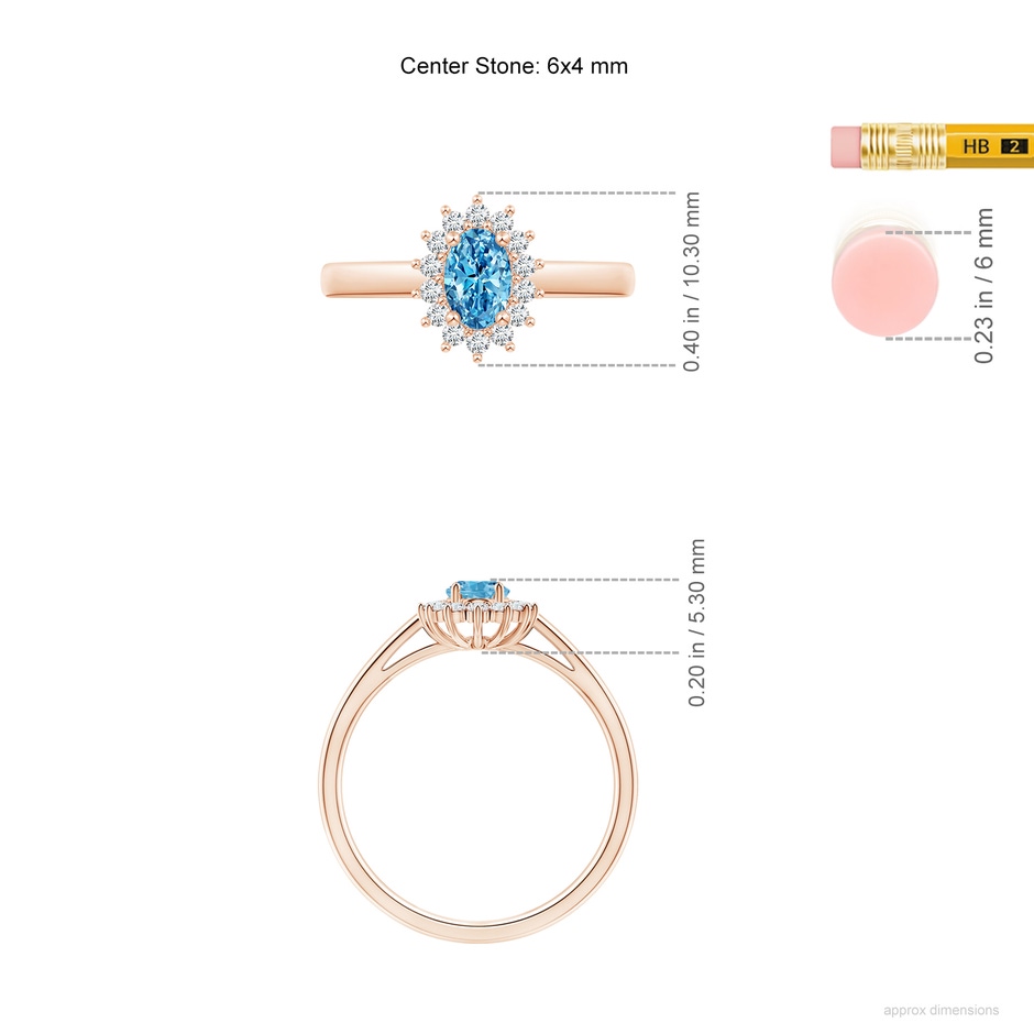 6x4mm Labgrown Princess Diana Inspired Lab-Grown Fancy Intense Blue Diamond Ring with Halo in Rose Gold ruler
