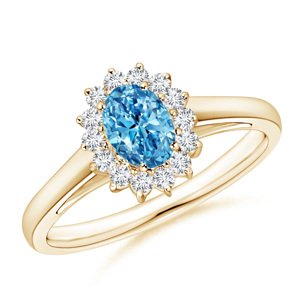 6x4mm Labgrown Princess Diana Inspired Lab-Grown Fancy Intense Blue Diamond Ring with Halo in Yellow Gold