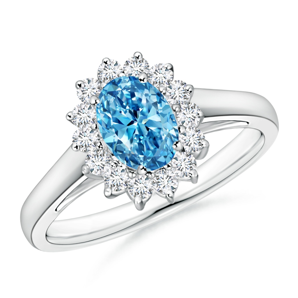 7x5mm Labgrown Princess Diana Inspired Lab-Grown Fancy Intense Blue Diamond Ring with Halo in White Gold