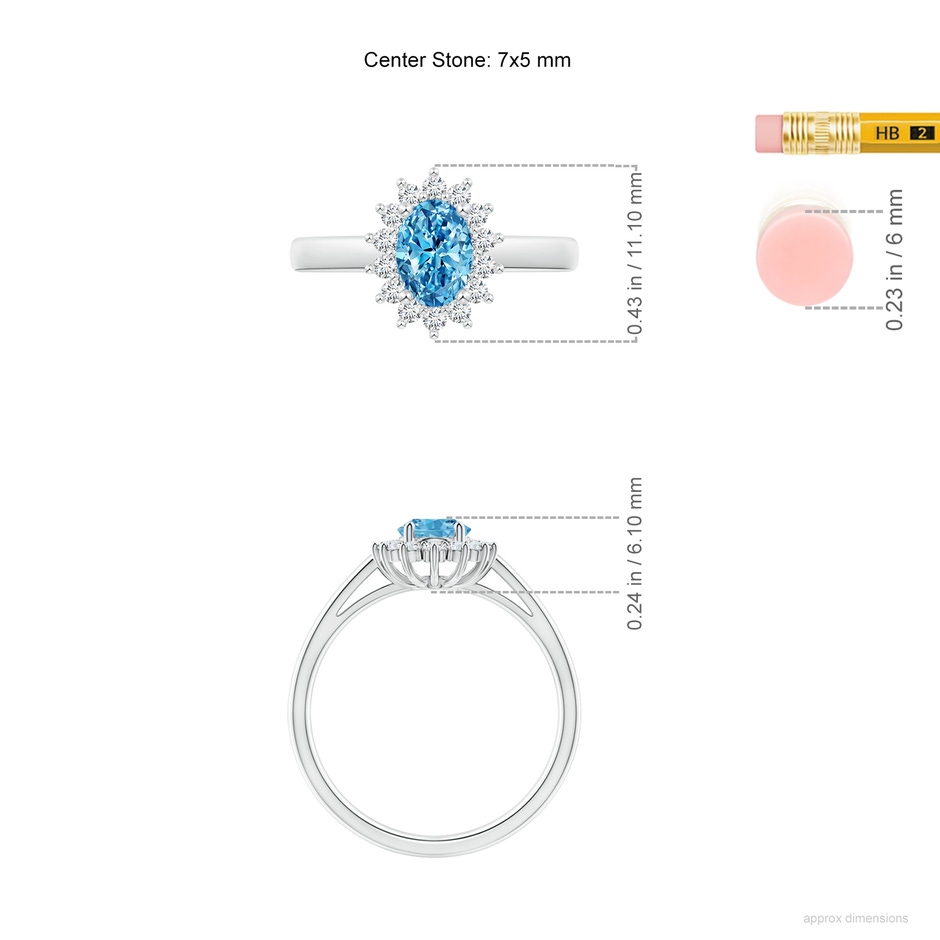 7x5mm Labgrown Princess Diana Inspired Lab-Grown Fancy Intense Blue Diamond Ring with Halo in White Gold ruler