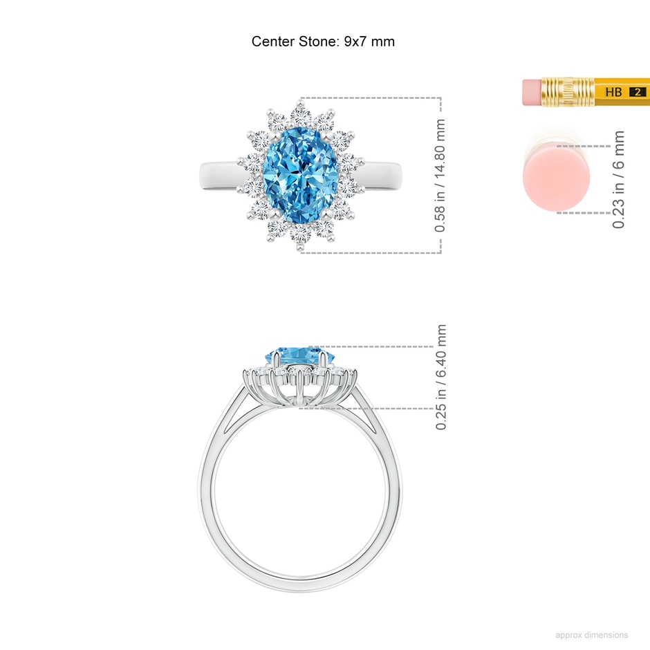 9x7mm Labgrown Princess Diana Inspired Lab-Grown Fancy Intense Blue Diamond Ring with Halo in P950 Platinum ruler