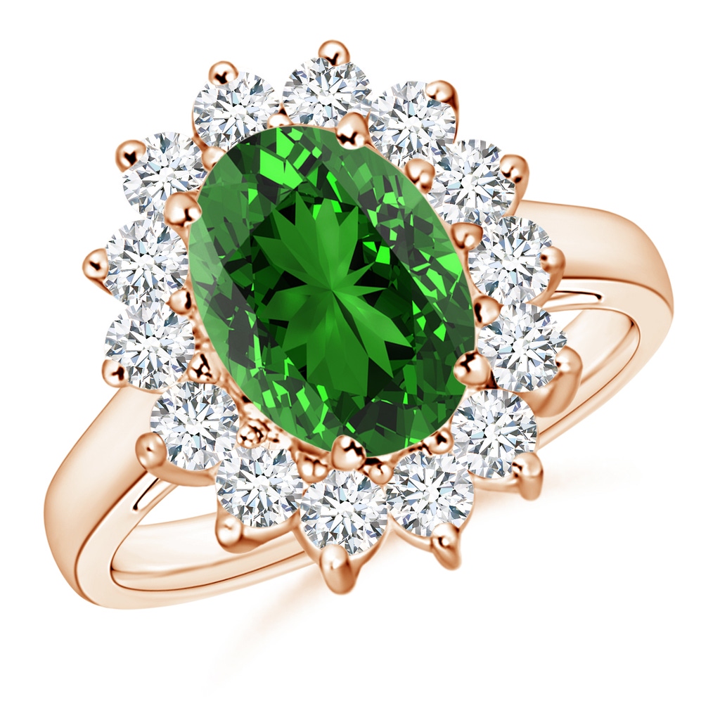 10x8mm Labgrown Lab-Grown Princess Diana Inspired Emerald Ring with Diamond Halo in Rose Gold