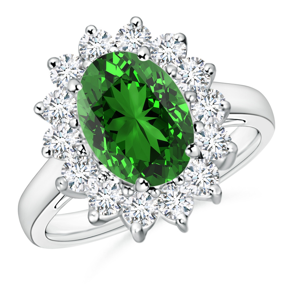 10x8mm Labgrown Lab-Grown Princess Diana Inspired Emerald Ring with Diamond Halo in White Gold