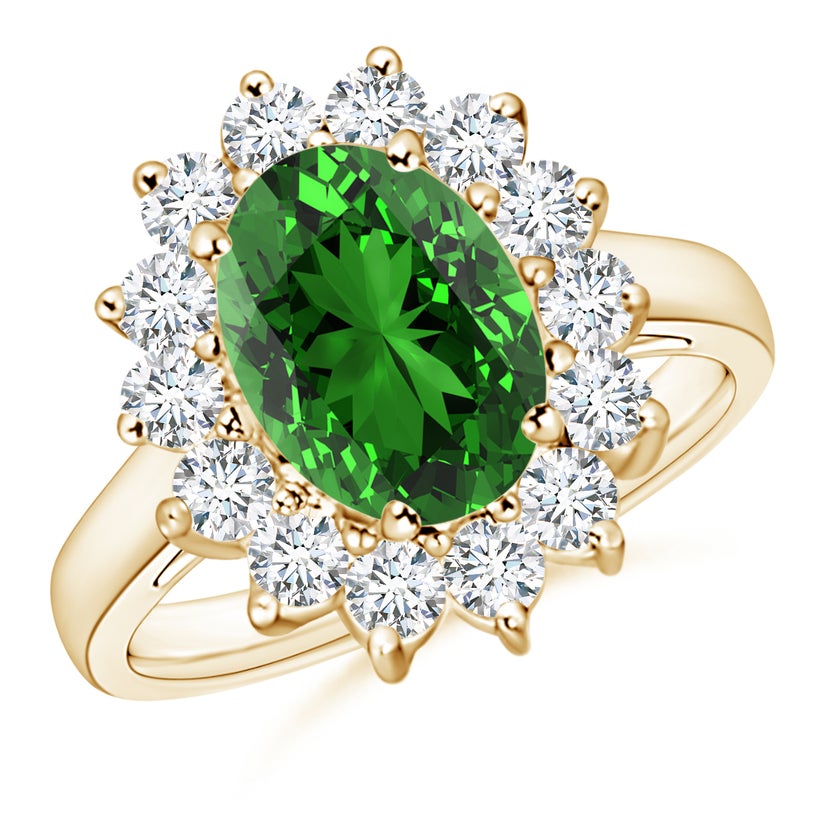 Lab-Grown Princess Diana Inspired Emerald Ring with Lab Diamond Halo
