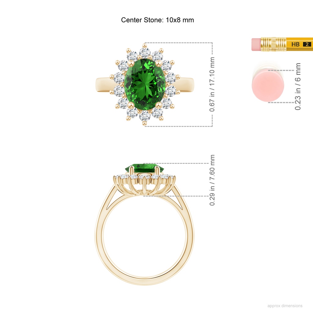 10x8mm Labgrown Lab-Grown Princess Diana Inspired Emerald Ring with Diamond Halo in Yellow Gold ruler