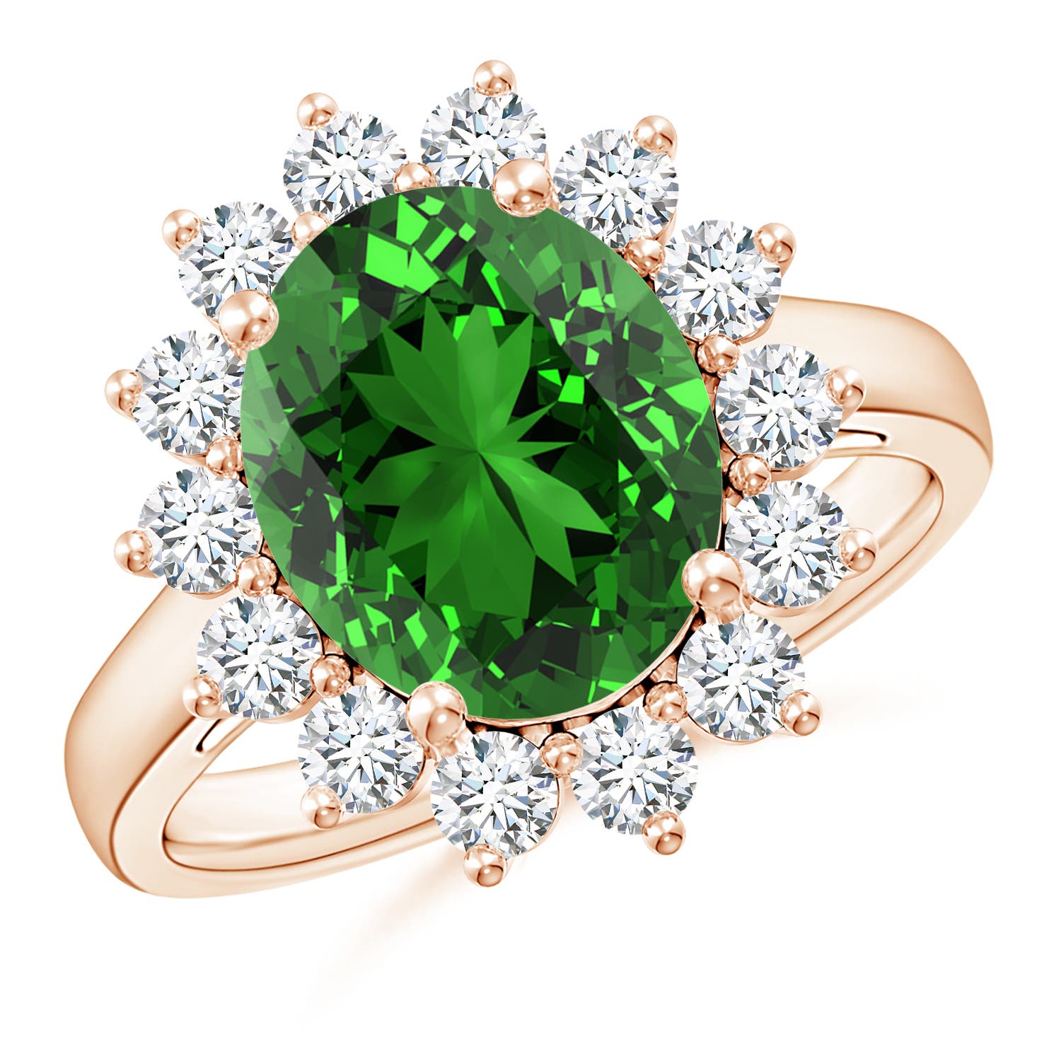 12x10mm Labgrown Lab-Grown Princess Diana Inspired Emerald Ring with Diamond Halo in Rose Gold