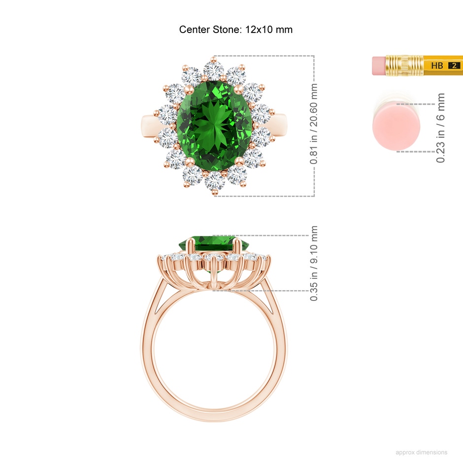 12x10mm Labgrown Lab-Grown Princess Diana Inspired Emerald Ring with Diamond Halo in Rose Gold ruler
