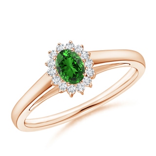 5x3mm Labgrown Lab-Grown Princess Diana Inspired Emerald Ring with Diamond Halo in 10K Rose Gold