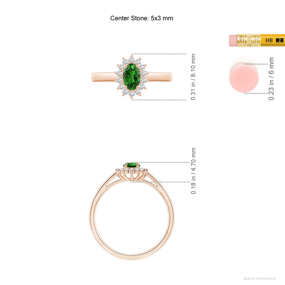 5x3mm Labgrown Lab-Grown Princess Diana Inspired Emerald Ring with Diamond Halo in 9K Rose Gold ruler