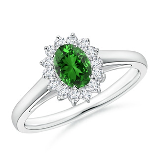 6x4mm Labgrown Lab-Grown Princess Diana Inspired Emerald Ring with Diamond Halo in P950 Platinum