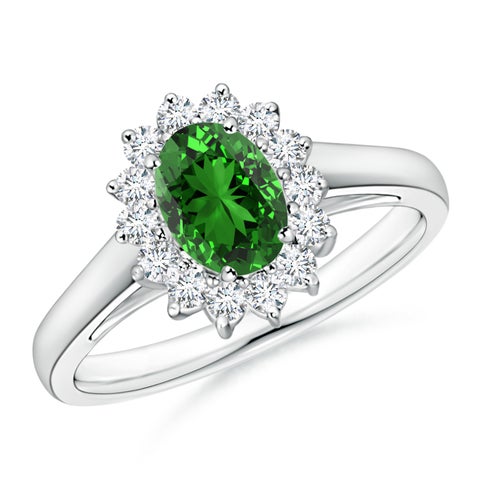 7x5mm Labgrown Lab-Grown Princess Diana Inspired Emerald Ring with Diamond Halo in White Gold