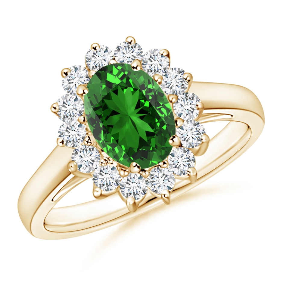 8x6mm Labgrown Lab-Grown Princess Diana Inspired Emerald Ring with Diamond Halo in Yellow Gold 