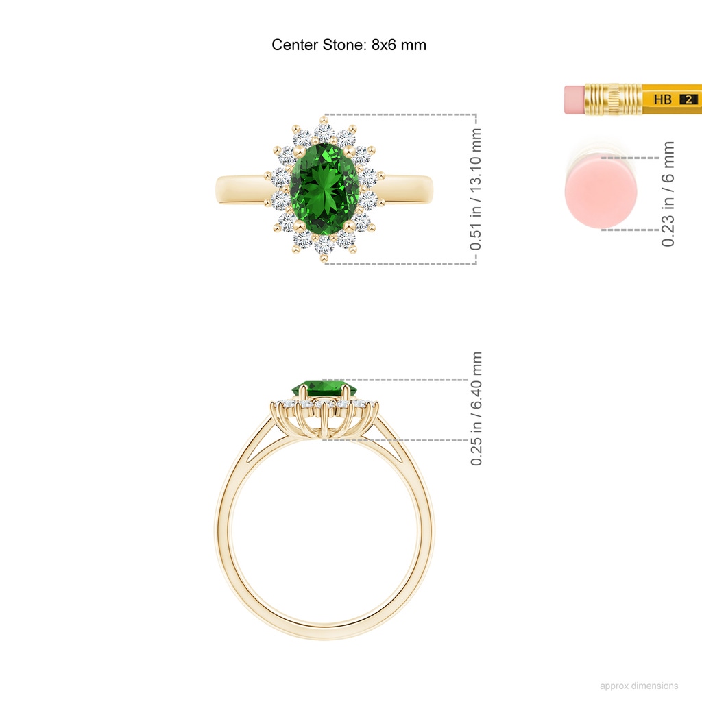 8x6mm Labgrown Lab-Grown Princess Diana Inspired Emerald Ring with Diamond Halo in Yellow Gold ruler