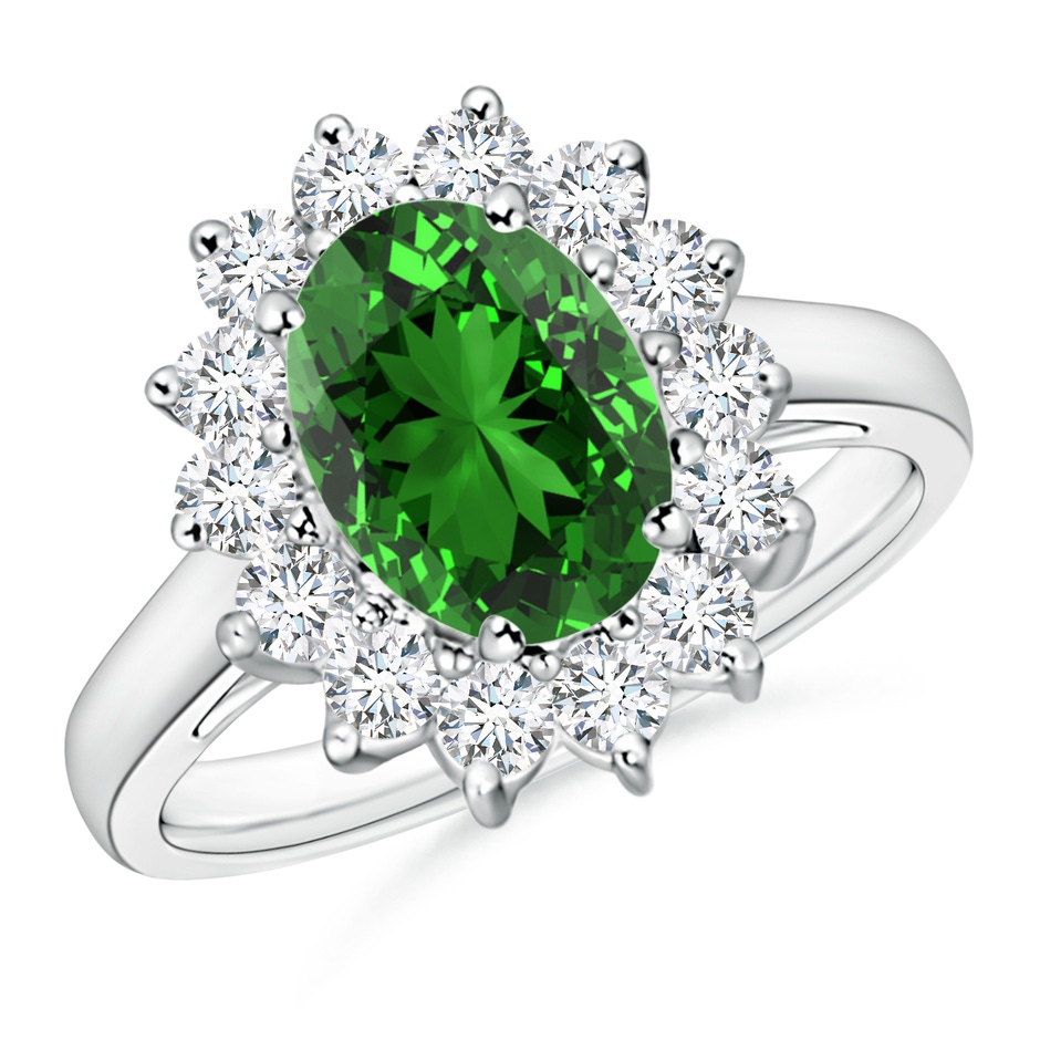 9x7mm Labgrown Lab-Grown Princess Diana Inspired Emerald Ring with Diamond Halo in White Gold 
