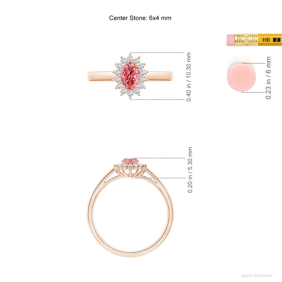 6x4mm Labgrown Princess Diana Inspired Lab-Grown Fancy Intense Pink Diamond Ring with Halo in Rose Gold ruler