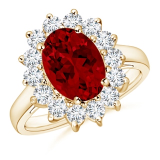 10x8mm Labgrown Lab-Grown Princess Diana Inspired Ruby Ring with Lab Diamond Halo in 18K Yellow Gold