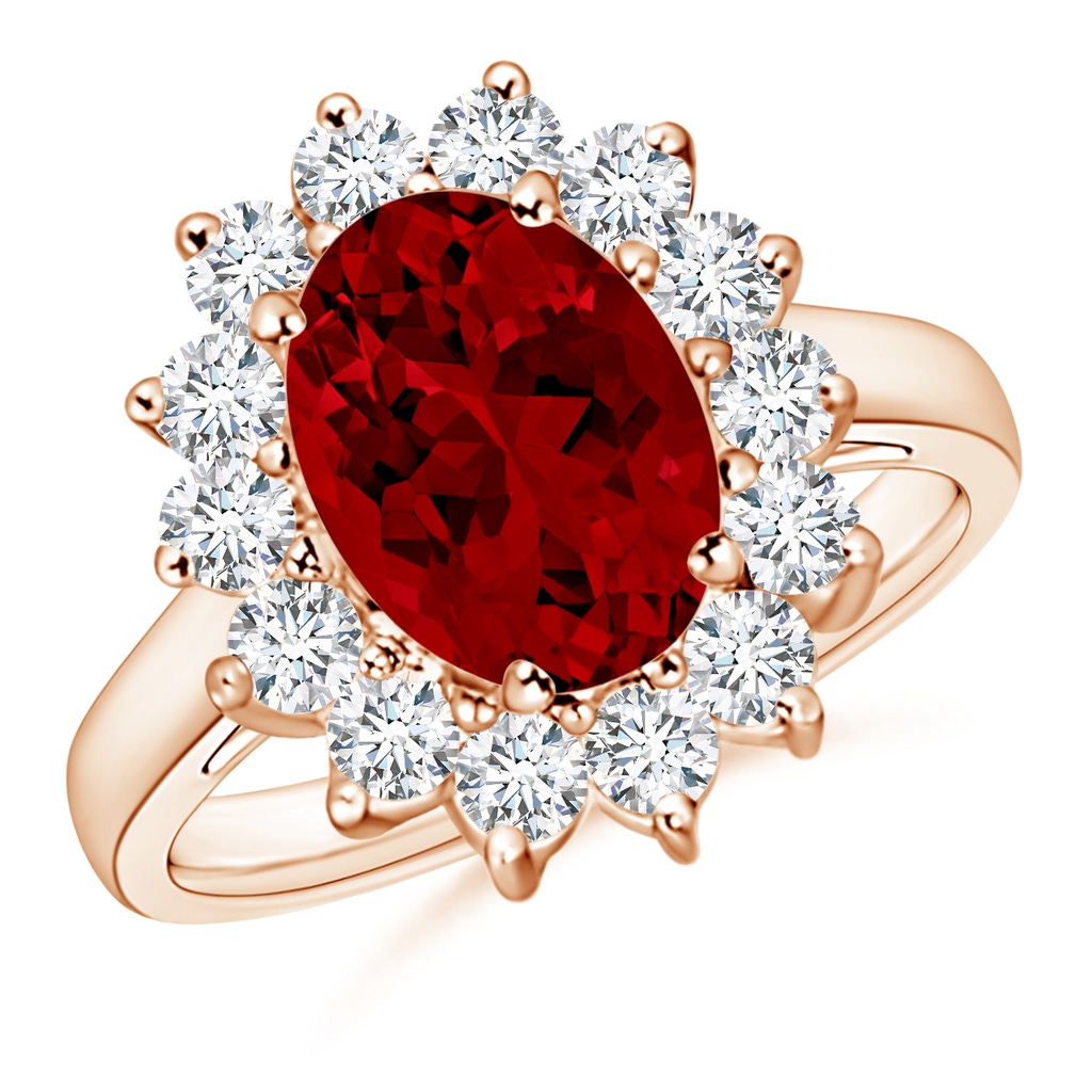 10x8mm Labgrown Lab-Grown Princess Diana Inspired Ruby Ring with Lab Diamond Halo in Rose Gold
