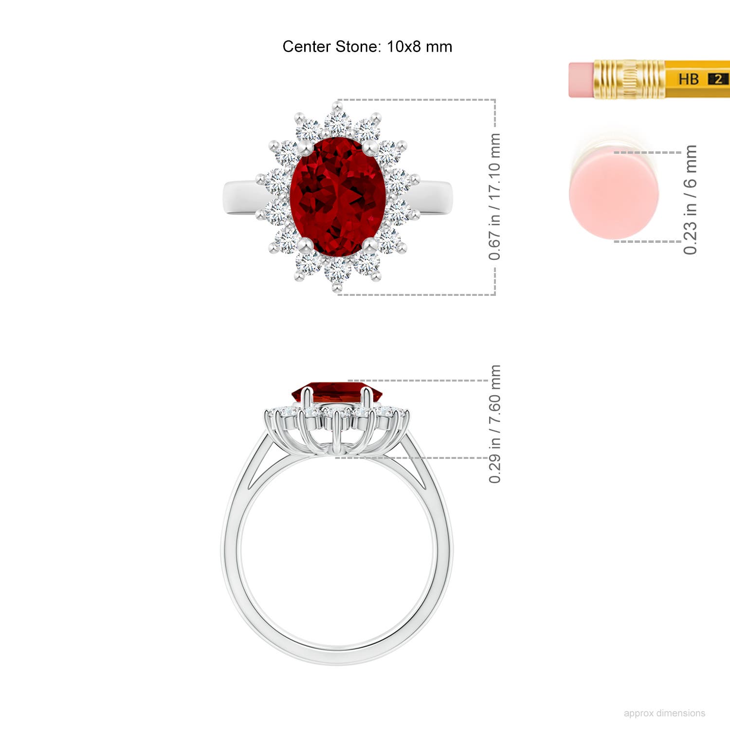 10x8mm Labgrown Lab-Grown Princess Diana Inspired Ruby Ring with Lab Diamond Halo in White Gold - ruler