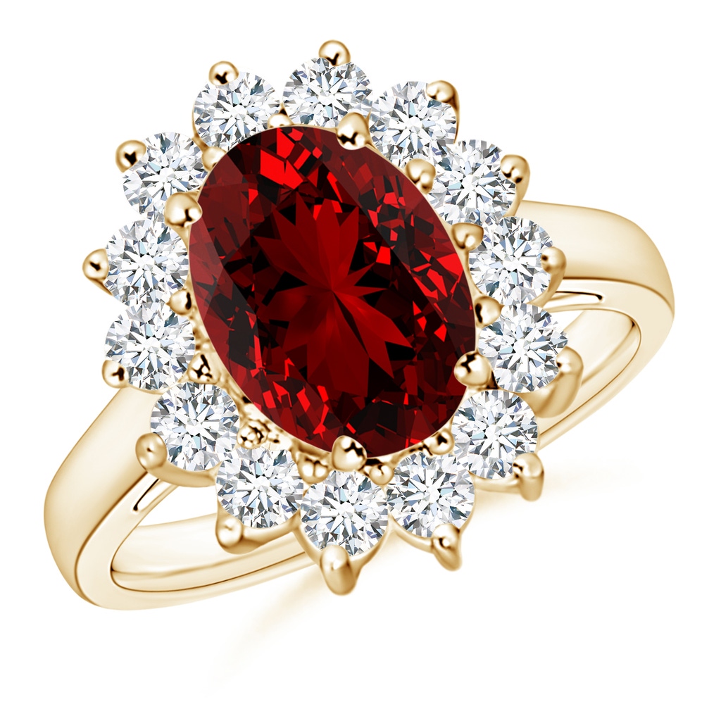 10x8mm Labgrown Lab-Grown Princess Diana Inspired Ruby Ring with Diamond Halo in Yellow Gold 