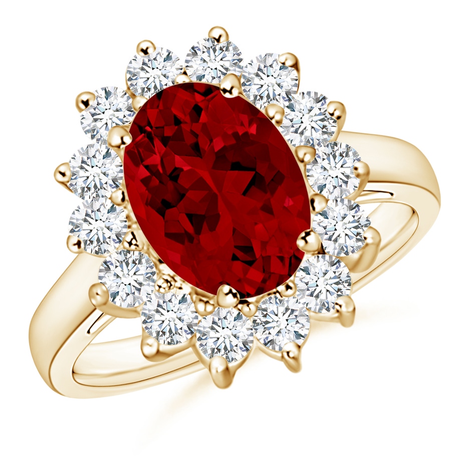 10x8mm Labgrown Lab-Grown Princess Diana Inspired Ruby Ring with Lab Diamond Halo in Yellow Gold 