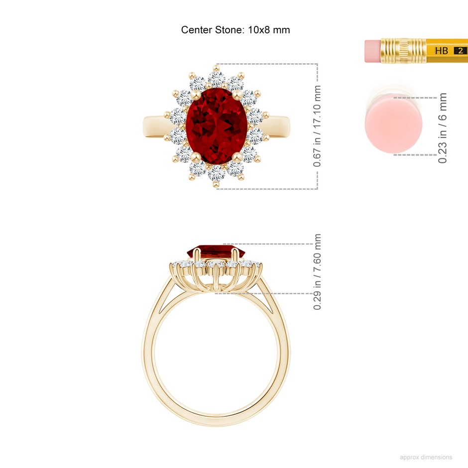 10x8mm Labgrown Lab-Grown Princess Diana Inspired Ruby Ring with Lab Diamond Halo in Yellow Gold ruler