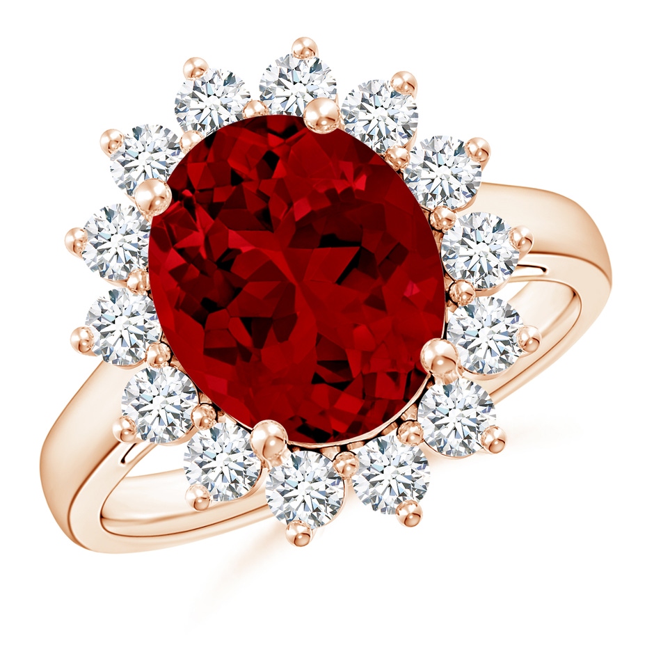 12x10mm Labgrown Lab-Grown Princess Diana Inspired Ruby Ring with Lab Diamond Halo in 18K Rose Gold 