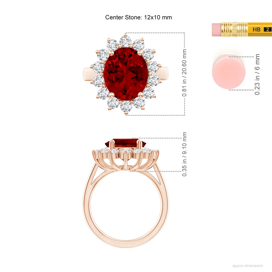 12x10mm Labgrown Lab-Grown Princess Diana Inspired Ruby Ring with Lab Diamond Halo in 18K Rose Gold ruler