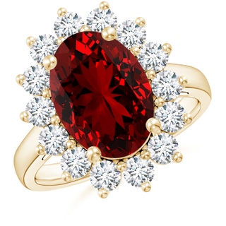 14x10mm Labgrown Lab-Grown Princess Diana Inspired Ruby Ring with Diamond Halo in 10K Yellow Gold