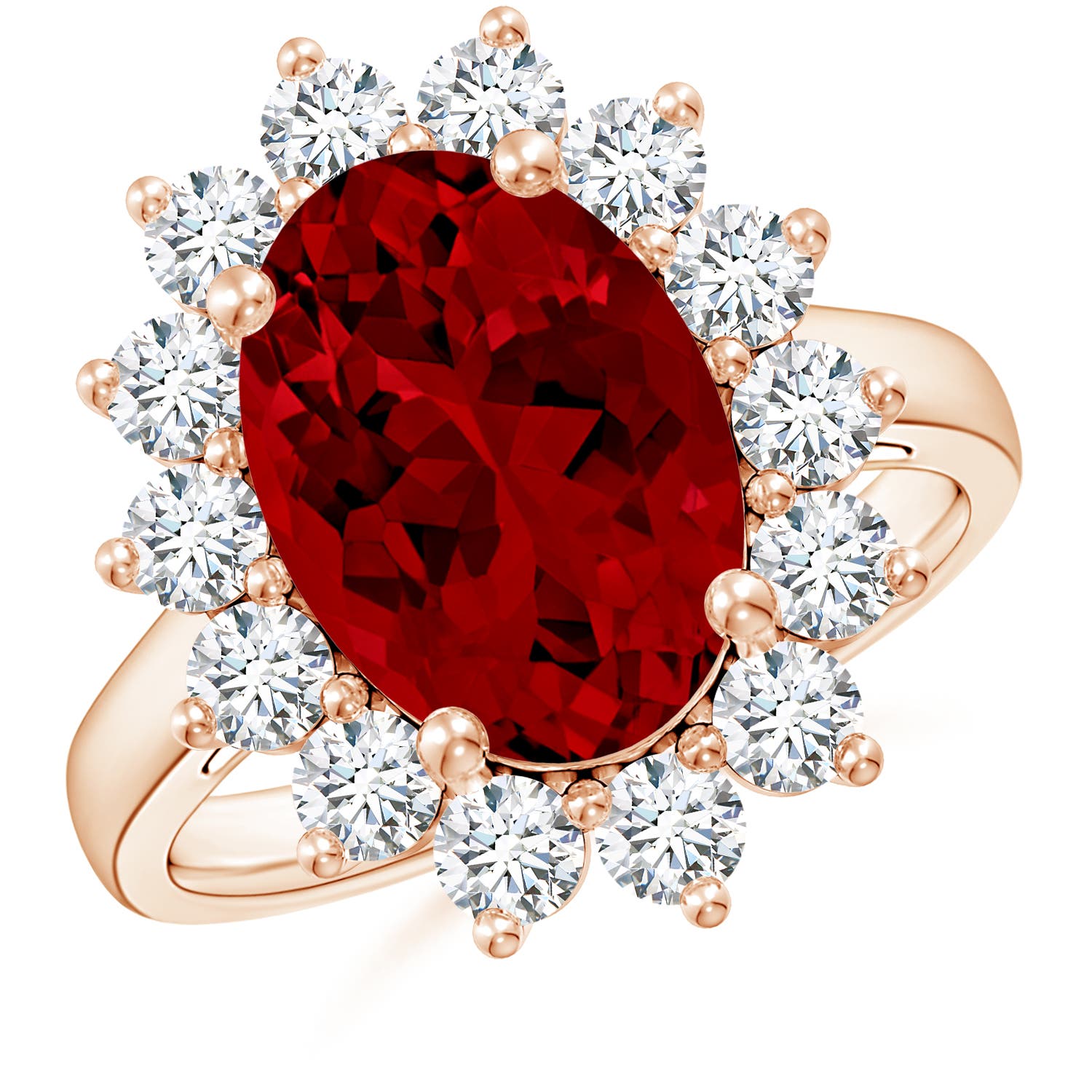 14x10mm Labgrown Lab-Grown Princess Diana Inspired Ruby Ring with Lab Diamond Halo in 18K Rose Gold