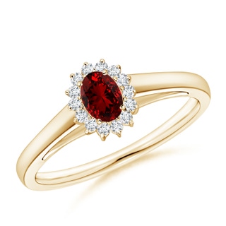 5x3mm Labgrown Lab-Grown Princess Diana Inspired Ruby Ring with Diamond Halo in 18K Yellow Gold
