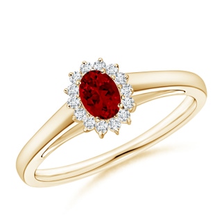 5x3mm Labgrown Lab-Grown Princess Diana Inspired Ruby Ring with Diamond Halo in 18K Yellow Gold