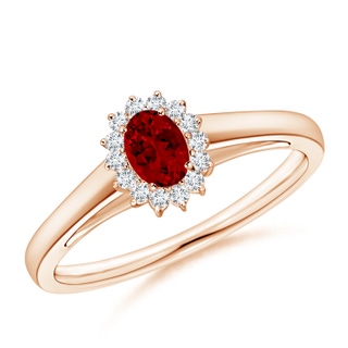 5x3mm Labgrown Lab-Grown Princess Diana Inspired Ruby Ring with Lab Diamond Halo in Rose Gold