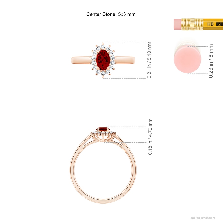 5x3mm Labgrown Lab-Grown Princess Diana Inspired Ruby Ring with Lab Diamond Halo in Rose Gold ruler