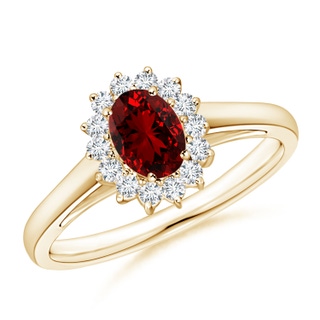 6x4mm Labgrown Lab-Grown Princess Diana Inspired Ruby Ring with Diamond Halo in 18K Yellow Gold