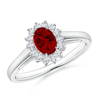 6x4mm Labgrown Lab-Grown Princess Diana Inspired Ruby Ring with Lab Diamond Halo in P950 Platinum