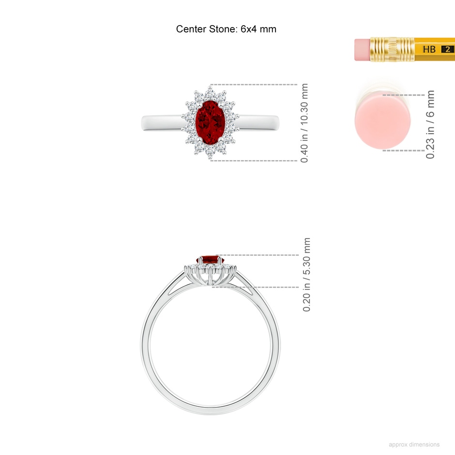 6x4mm Labgrown Lab-Grown Princess Diana Inspired Ruby Ring with Lab Diamond Halo in White Gold ruler