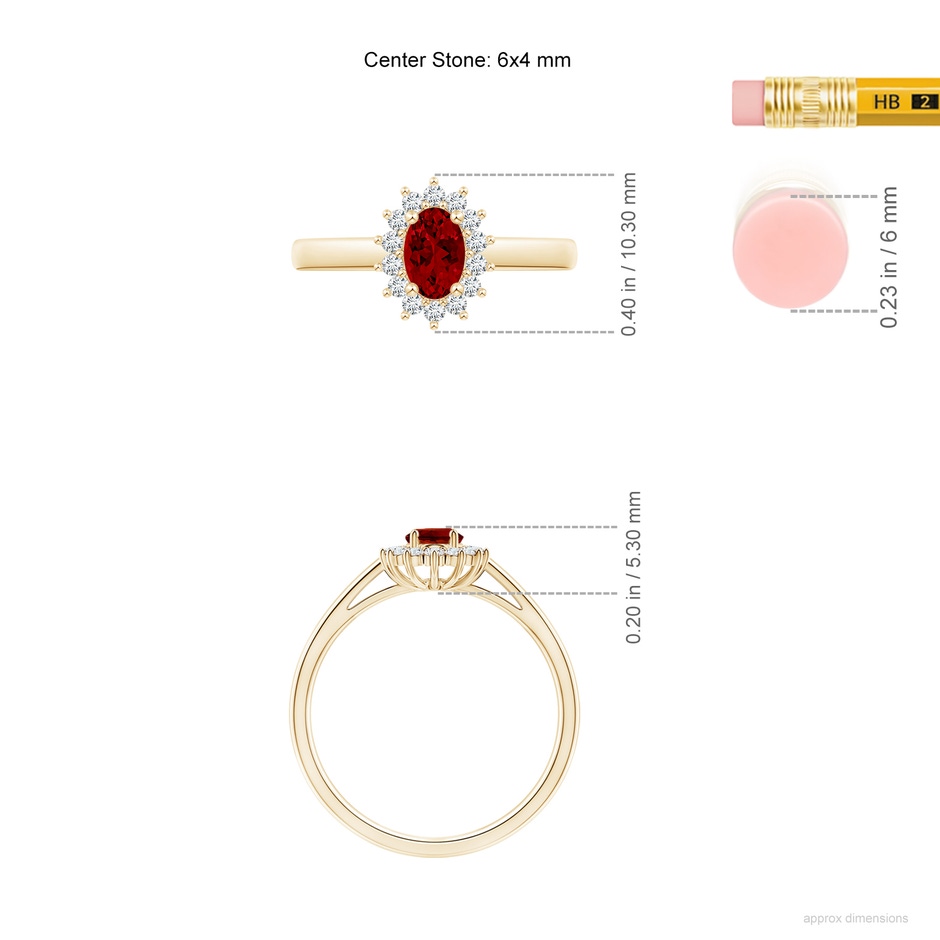 6x4mm Labgrown Lab-Grown Princess Diana Inspired Ruby Ring with Lab Diamond Halo in Yellow Gold ruler