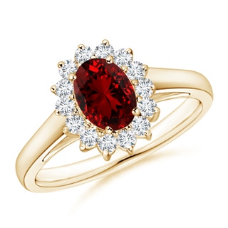 7x5mm Labgrown Lab-Grown Princess Diana Inspired Ruby Ring with Diamond Halo in 10K Yellow Gold