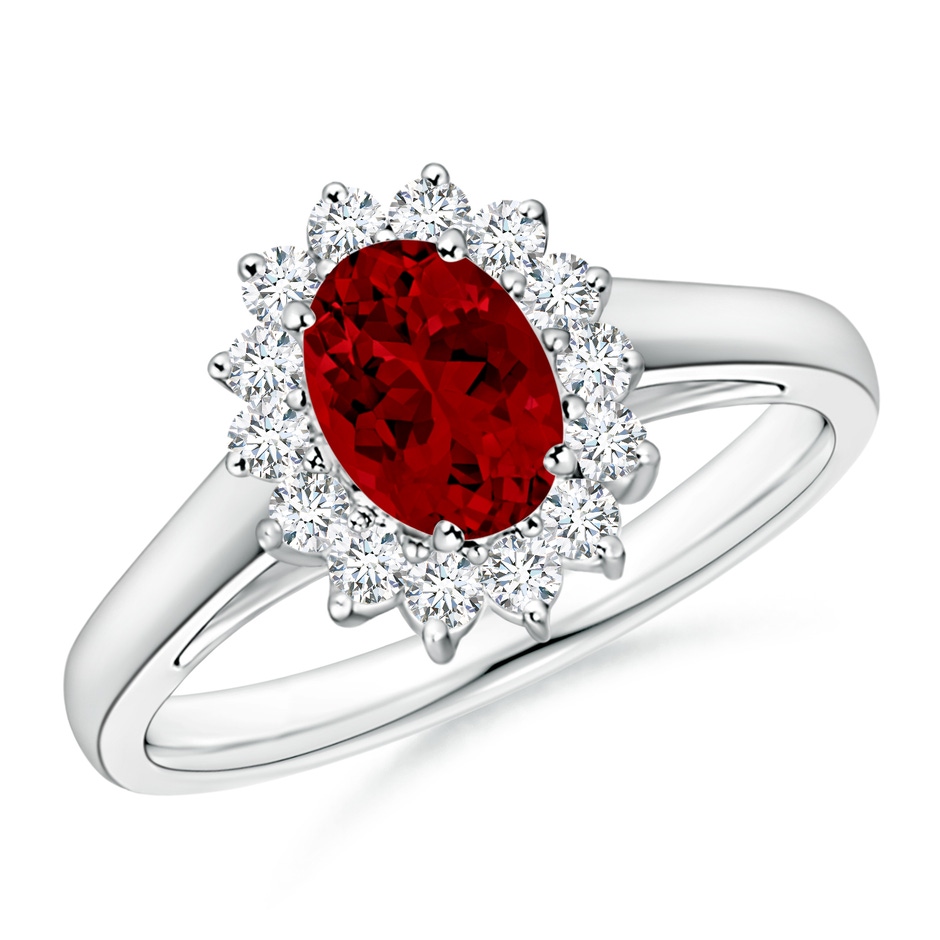 7x5mm Labgrown Lab-Grown Princess Diana Inspired Ruby Ring with Lab Diamond Halo in White Gold 
