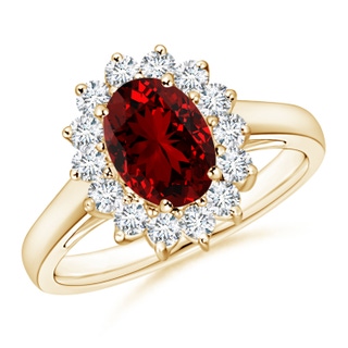 8x6mm Labgrown Lab-Grown Princess Diana Inspired Ruby Ring with Diamond Halo in 10K Yellow Gold