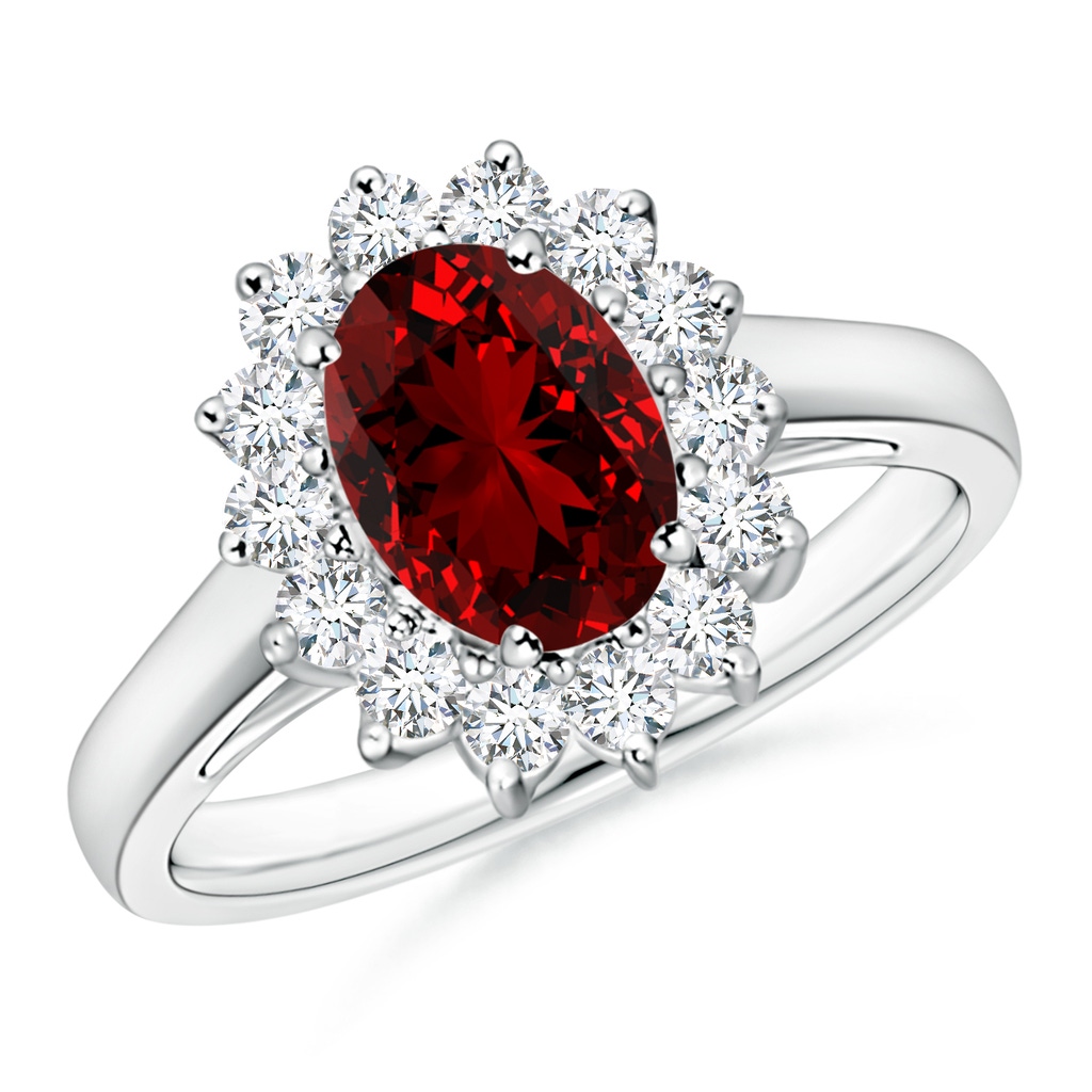 8x6mm Labgrown Lab-Grown Princess Diana Inspired Ruby Ring with Diamond Halo in White Gold