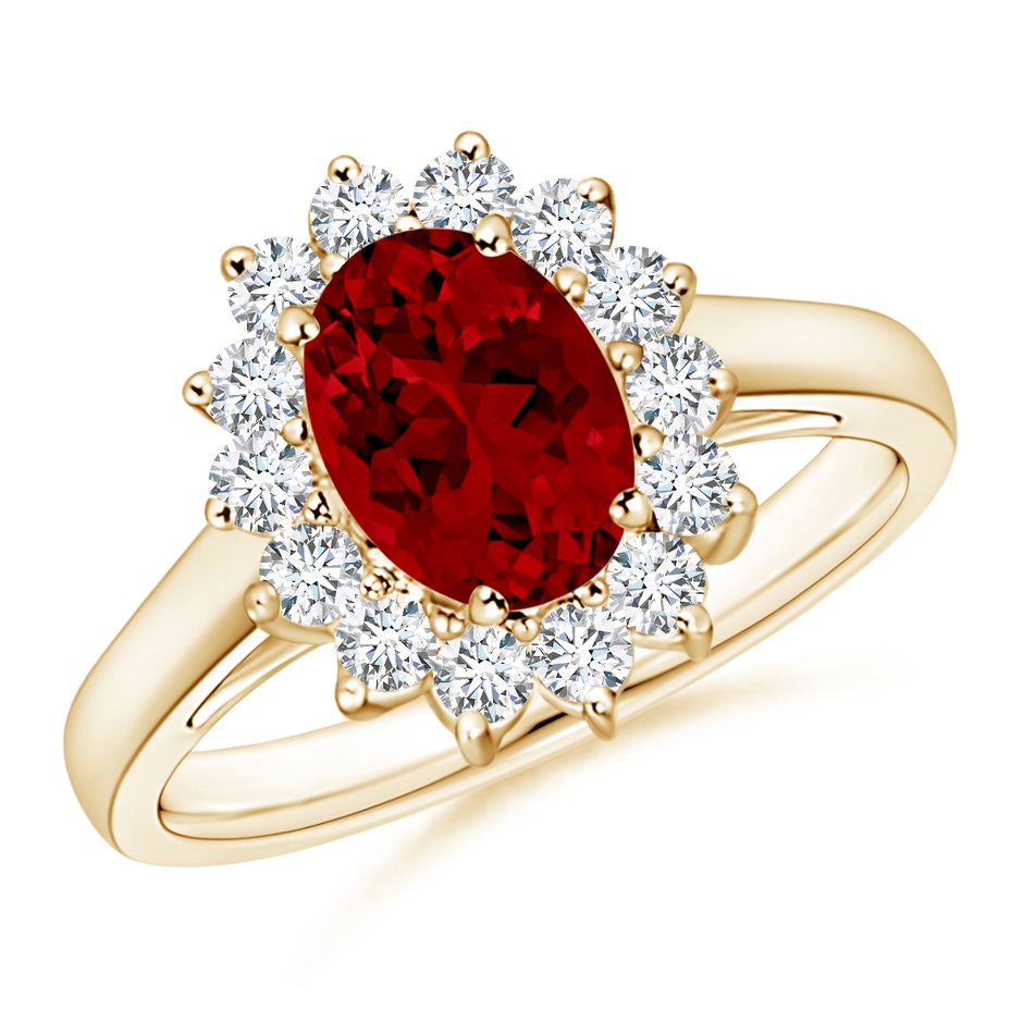 8x6mm Labgrown Lab-Grown Princess Diana Inspired Ruby Ring with Lab Diamond Halo in Yellow Gold 
