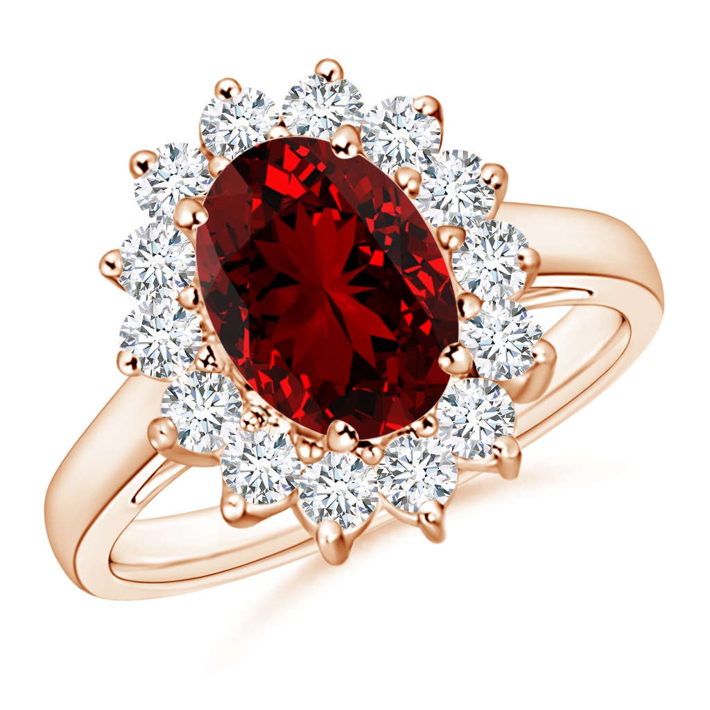 9x7mm Labgrown Lab-Grown Princess Diana Inspired Ruby Ring with Diamond Halo in 10K Rose Gold