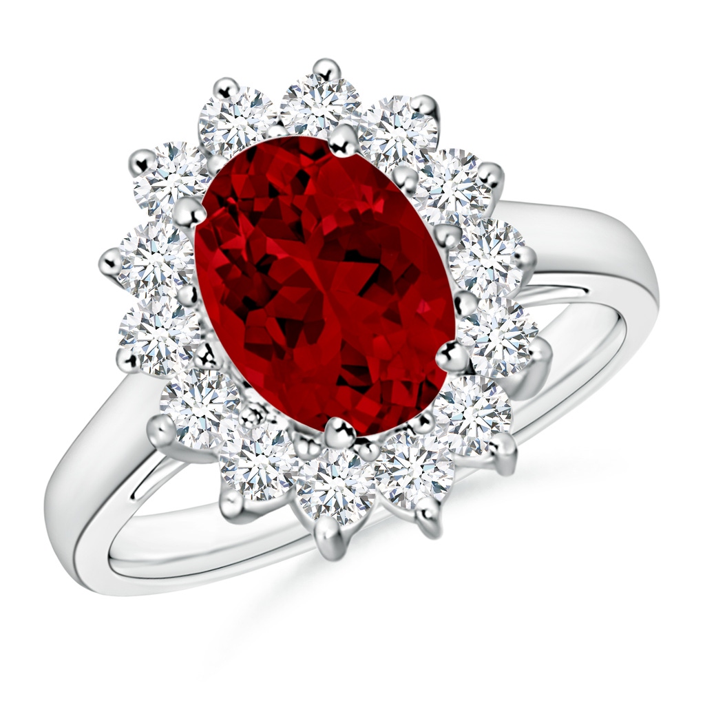 9x7mm Labgrown Lab-Grown Princess Diana Inspired Ruby Ring with Diamond Halo in 10K White Gold