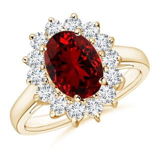 9x7mm Labgrown Lab-Grown Princess Diana Inspired Ruby Ring with Diamond Halo in 10K Yellow Gold